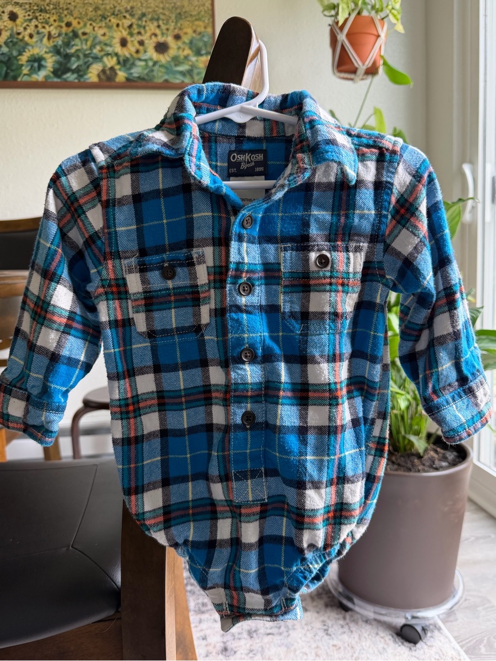 OshKosh B'gosh Blue Plaid Button-Front cotton flannel Bodysuit size 18m